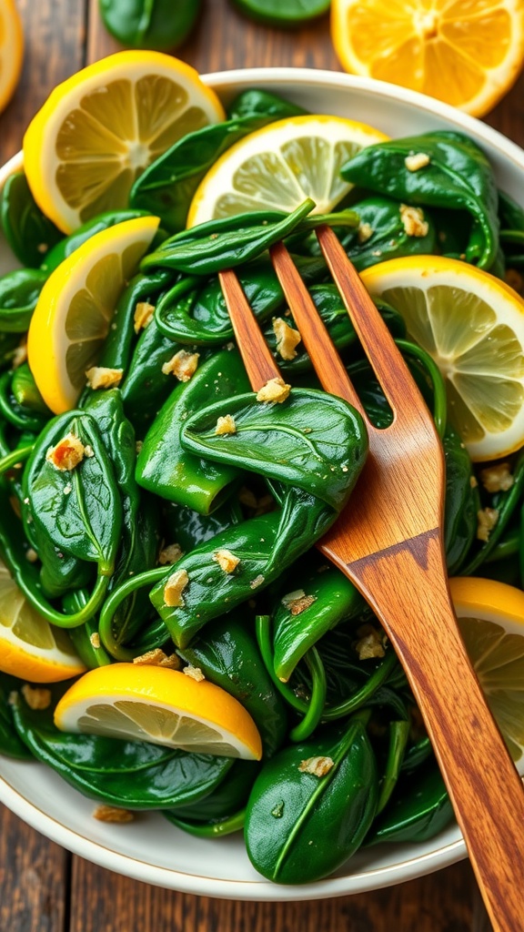 A plate of sautéed spinach with garlic and lemon, garnished with lemon wedges on a wooden table.